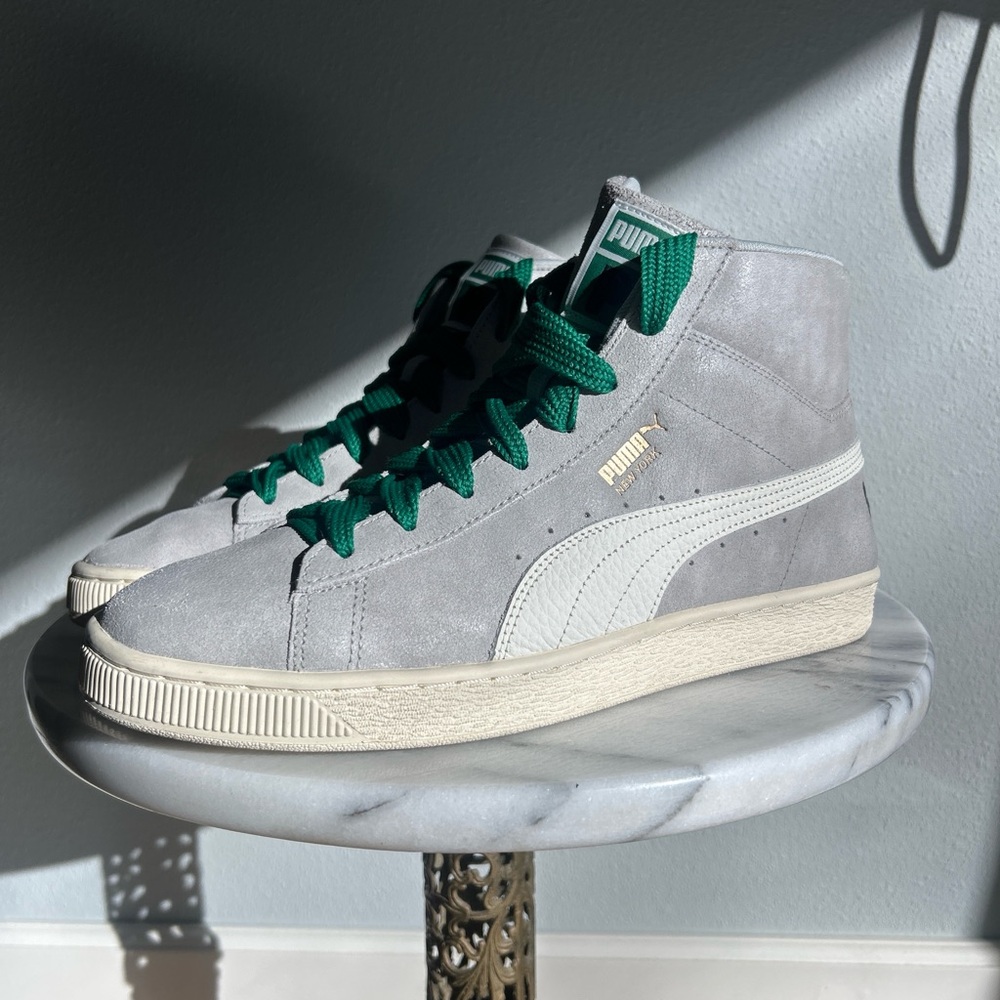 Puma Suede Mid Flagship Gray Sneakers with Emerald Laces